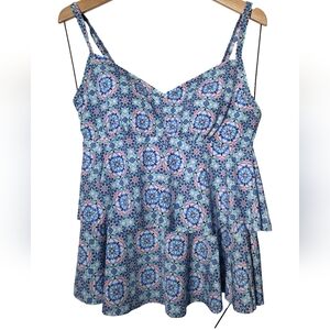 Christina Blue Mosaic Print Tankini Swim Top Women’s Size 8 Flowy Built In Cups
